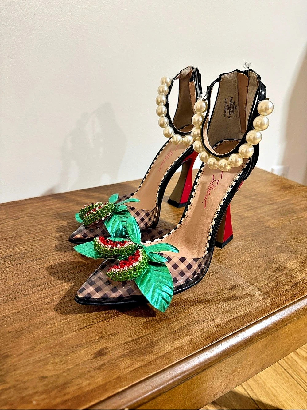Betsey Johnson Viviann Watermelon Pearl Ankle Strap Pumps Heels Size 8 - Picture 2 of 11
